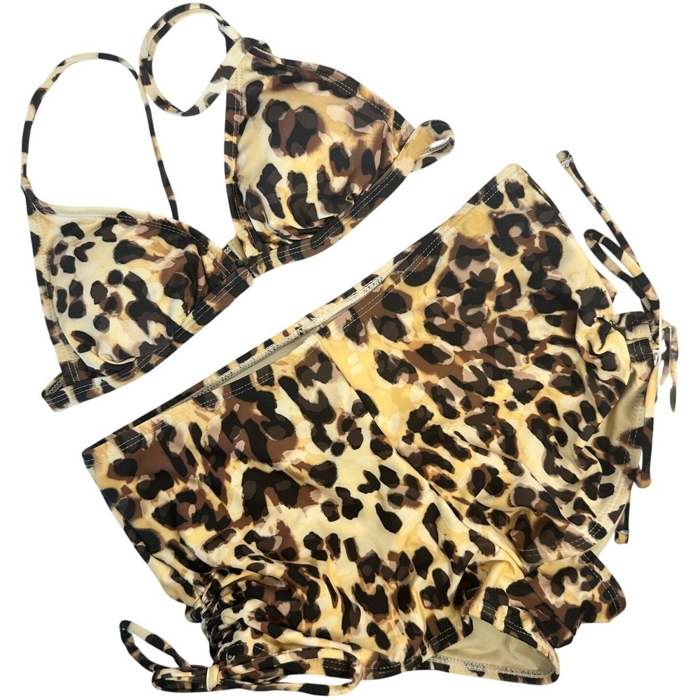 Juicy Couture Bikini Set Women XS Tan Leopard New Triangle Top Ruched Shorts